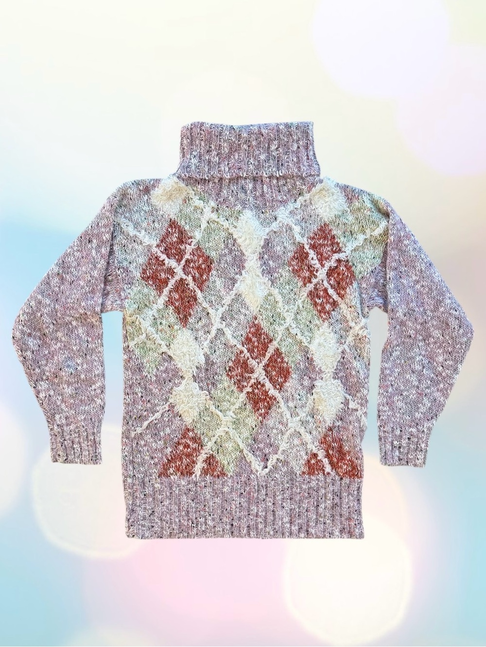 Carducci Mohair Blend Pastel Multi-Colored Argyle Pattern Turtleneck Sweater, S